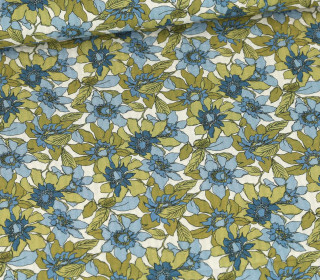 Baumwolle - Webware - Vintage - Große Blüten - Ecru/Olivgrün/Jeansblau