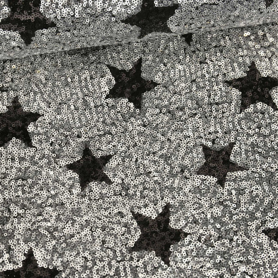 Feiner Tüllstoff Sterne Pailletten Silber/Schwarz