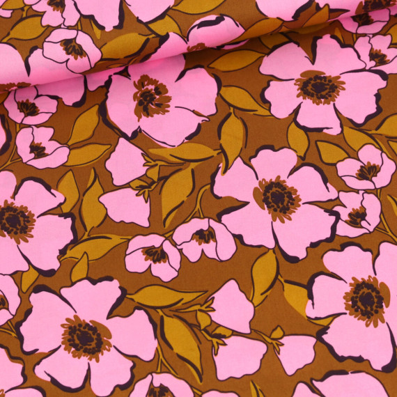 Baumwoll Satin - Webware - Flowers - Karamellbraun