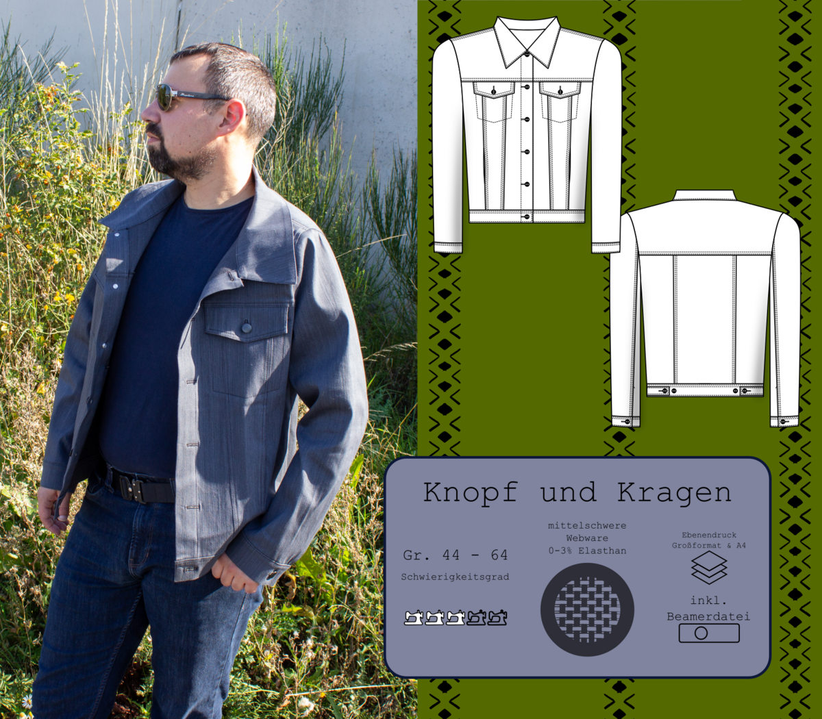 Jeansjacke Knopf und Kragen Gr. 44 - 64 Herren