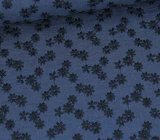 Musselin - Muslin - Double Gauze - Bestickt - Kleine Blüten - Dunkelblau