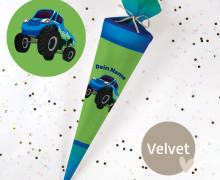 DIY-Nähset Schultüte - Monstertruck - Grün/Blau - Velvet - zum selber Nähen