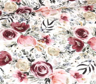 Musselin - Muslin - Double Gauze - Aquarellblumen - Rosenblüten - Weiß - Schnuffeltuch - Windeltuch