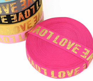 1m Gummiband - Elastisch - Love Golddruck - 40mm - Pink