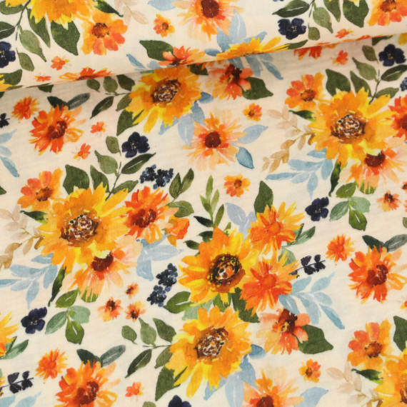 Musselin - Muslin - Double Gauze - Sonnenblumen - Warmweiß
