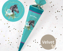 DIY-Nähset Schultüte - Pferd - Goldener Kranz - Tuerkisblau - Velvet - zum selber Nähen