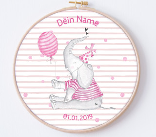 DIY Stickrahmen - Partyelefant - personalisiertes Stickrahmen Bild - rosa - Treeebird - zum Selbermachen