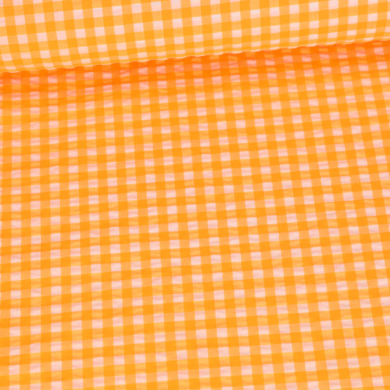 Seersucker - Kariert - Karomuster Klein - Weiß/Neonorange