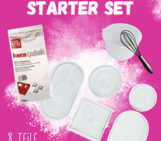 Silikon - 8 teiliges Starter Set - Silikonformen Teller und Tabletts / Mixbecher / Schneebesen / Keraquick Gießpulver - Probierset - vielfältig nutzbar