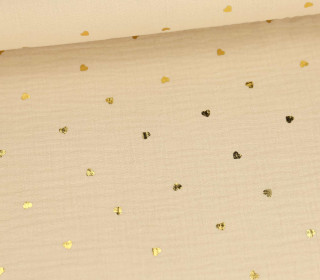 Musselin - Muslin - Double Gauze - Herzen - Gold-Folie - Beige