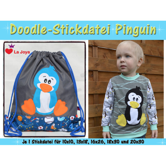 Doodle-Motiv Pinguin - Stickdatei-Set für den 10x10cm bis 20x30cm Rahmen