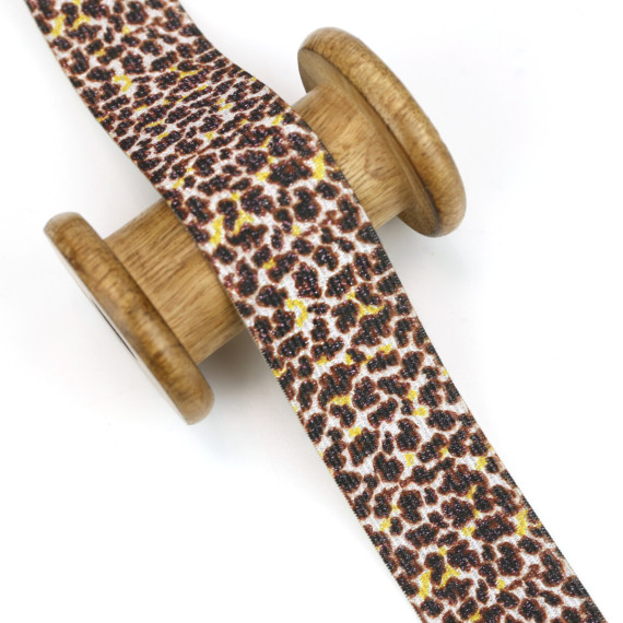 1m Gummiband - Glitzer - Animal Print - 35mm - Leopard Klein - Weiß/Schwarz/Braun