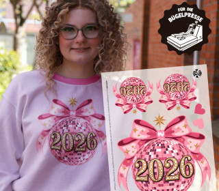 Onkel Bo's Bügelbilder - DIN A4 - 2026 - Schleife - Diskokugel - Rosa - Silvester