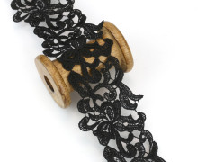1m Bestickte Spitze - Bluetenornamente - 7,5cm - Schwarz