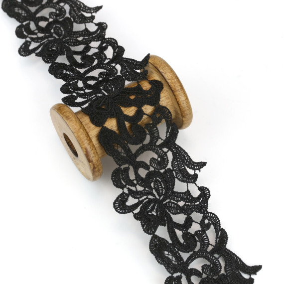 1m Bestickte Spitze - Bluetenornamente - 7,5cm - Schwarz