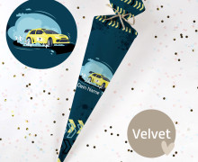 DIY-Nähset Schultüte - Rennwagen- Petrol/Gelb - Velvet - zum selber Nähen