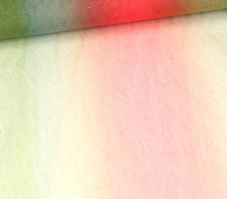 Feiner Tüllstoff - Weich - Glitzer - Verlauf - Regenbogen - Breite Streifen - Rot/Orange/Grün