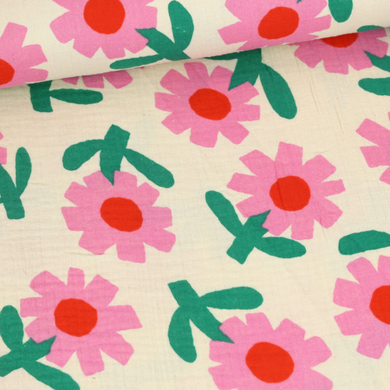 Bio Musselin - Muslin - JENNIFER BOURON - Double Gauze - Sunny Days - Ecru/Rosa