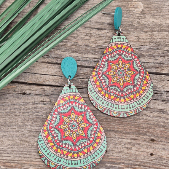 1 Paar Ohrringe Holz - Bunte Ovale - 2-teilig - leicht - Ethnomuster - Multicolor - Namensklang