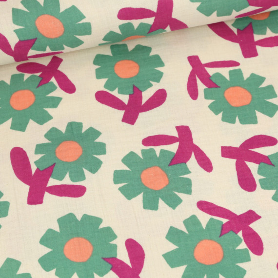 Bio Musselin - Muslin - JENNIFER BOURON - Double Gauze - Sunny Days - Ecru/Grün