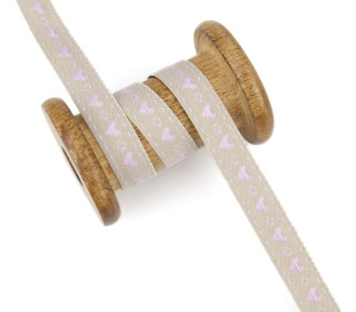 1m Webband - bestickt - Herzen - 15mm - Taupe Hell/Flieder