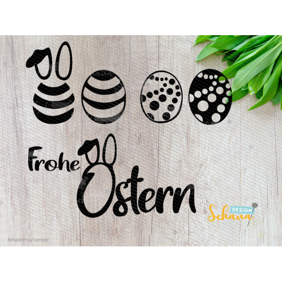 Frohe Oster Plotterdatei SVG DXF Spruch mit Eiern und Osterhasenohren