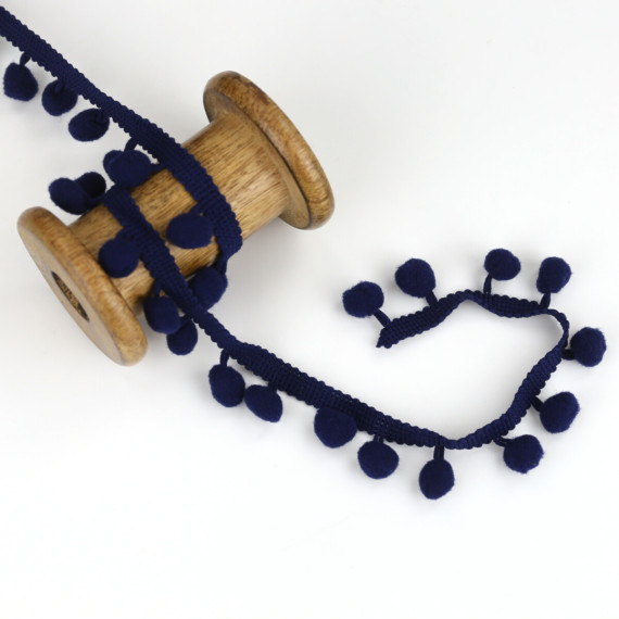1 Meter Bommelborte mit Zierband - Pomponborte - Uni - Stahlblau