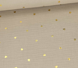 Musselin - Muslin - Double Gauze - Herzen - Gold-Folie - Beigegrau