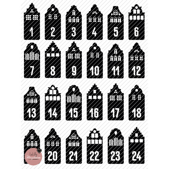 Plotterdatei Adventskalenderzahlen Weihnachtshäuser