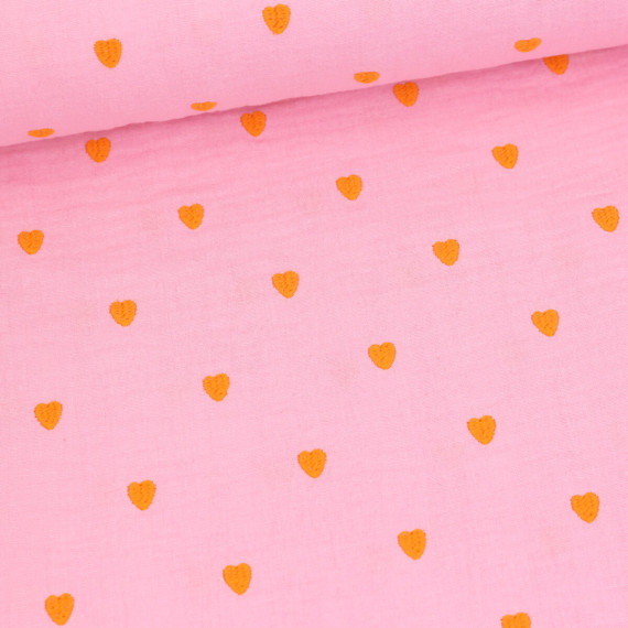Musselin - Muslin - Double Gauze - Bestickt - Herzen - Rosa