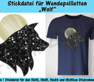 Wendepailletten-Applikation Wolf - Stickdatei-Set für den 10x10cm bis 18x30cm Rahmen