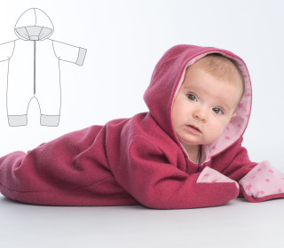 Baby Overall Schnittmuster mit Kapuze + Reißverschluss, warm gefüttert + als Anzug für Fasching geeignet. SOLE von Patternforkids