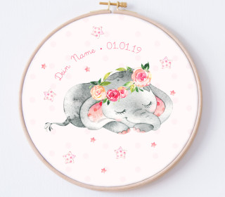 DIY Stickrahmen - Sleepy Little Elephant - personalisiertes Stickrahmen Bild - zum Selbermachen