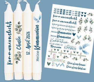 DIN A4 - Tattoofolie - Kommunion - Eukalyptus/Wildblumen - für Kerzen / Keramik