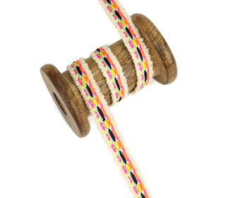 1 Meter Zierband - Dekoband - 15mm - Fransen - Muster - Ecru/Neonorange/Fuchsia/Schwarz