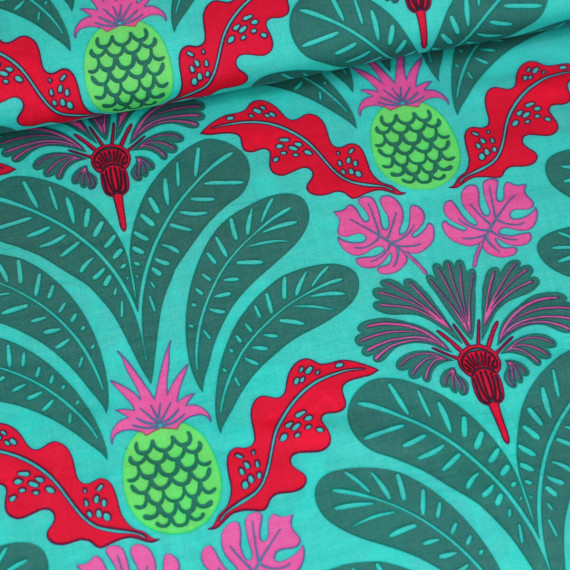 Viskose - Voile - Blusenstoff - Leaves - Türkisgrün