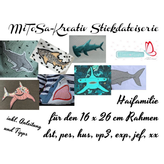 MiToSa-Kreativ Stickdateiserie Doodleapplikation Haifamilie 16x26cm