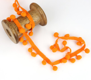 1 Meter Bommelborte mit Zierband - Pomponborte - Uni - Orange