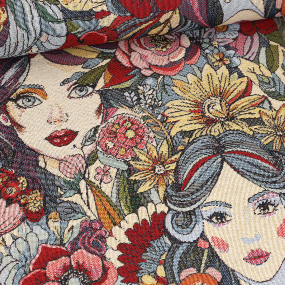 Gobelin Jacquard - Blumen & Gesichter - Ecru