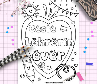 Ausmalbild Lieblingslehrerin PDF Malvorlage, DIY Abschiedsgeschenk Schule & Grundklasse