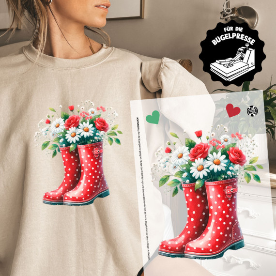 Onkel Bo's Bügelbilder - DIN A4 - Gummistiefel - Rot - Blumen