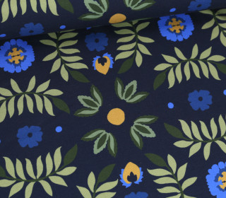 Leichter Sommersweat - French Terry - Blumen & Blätter - Stahlblau