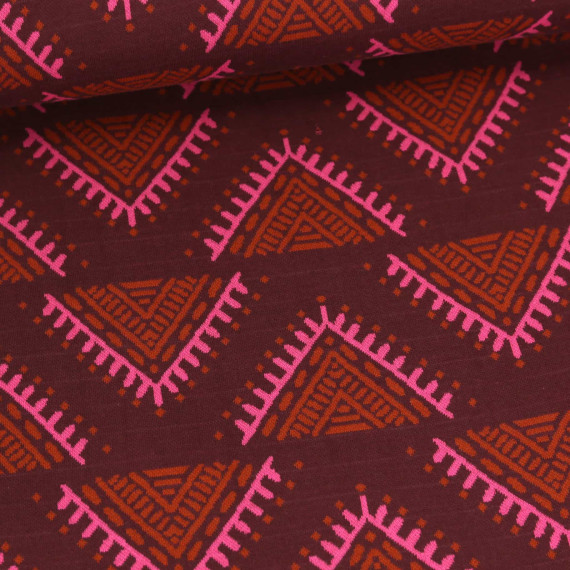 Bio-Jacquard - 3 Farb Spezial Jacquard Jersey - Camp Site - Western Fairy Tales - Bordeaux/Pink - Hamburger Liebe
