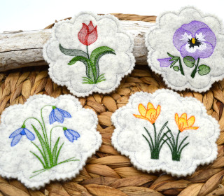 Stickdatei Untersetzer Frühlingsblumen Krokus Tulpe Schneeglöckchen Stiefmütterchen