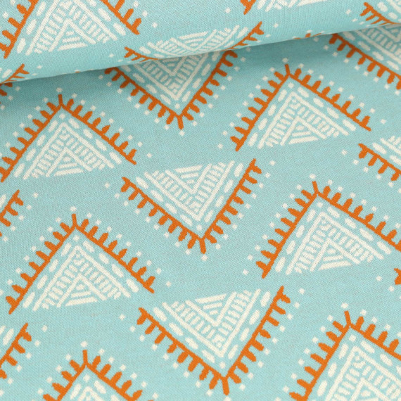Bio-Jacquard - 3 Farb Spezial Jacquard Jersey - Camp Site - Western Fairy Tales - Pastelltürkis/Altorange - Hamburger Liebe